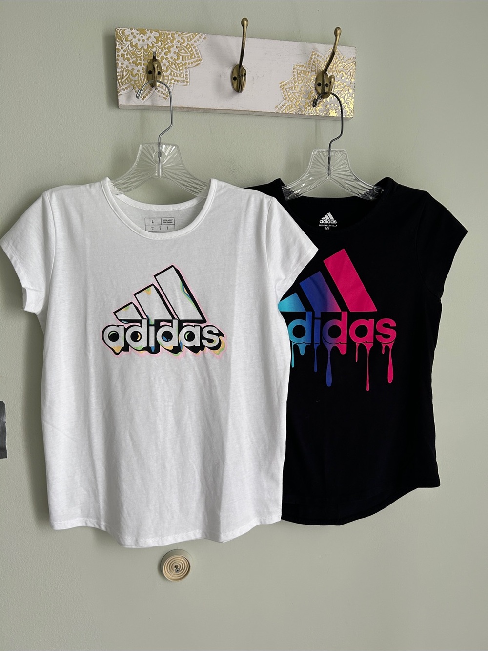 adidas White & Black Tee Set with Rainbow Logo Accents